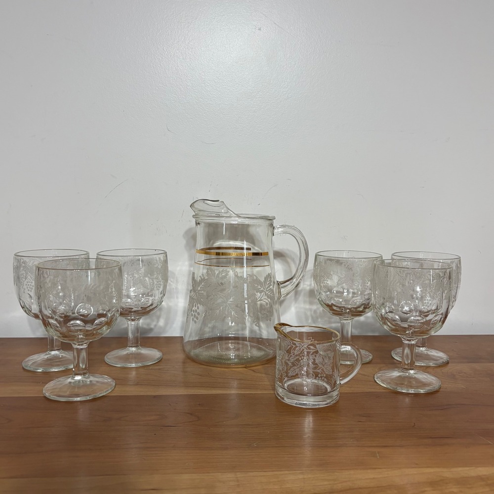 Vintage Etched Grape Glass Pitcher Goblet Set 8pc Gold Trim Thumbprint MCM